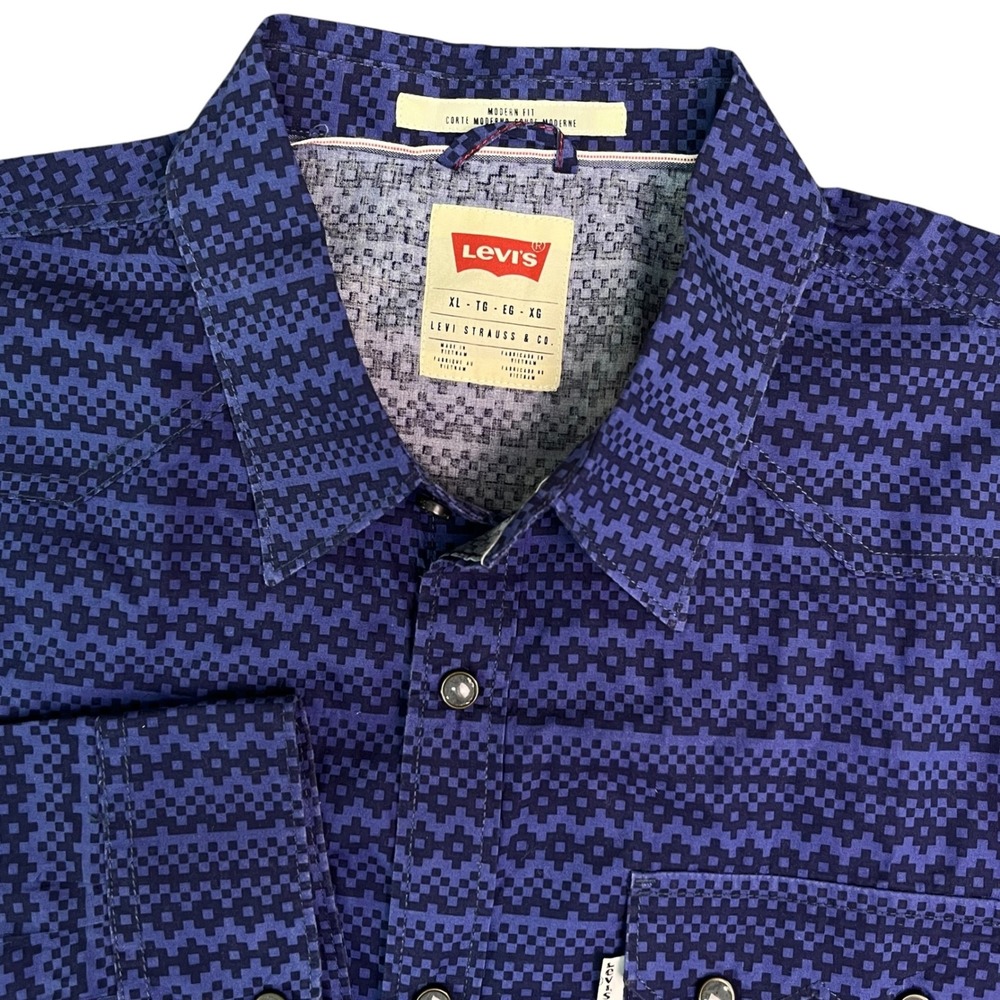 Levis Men's XL Modern Fit Blue Geometric Pixelated Pearl Snap Western Shirt